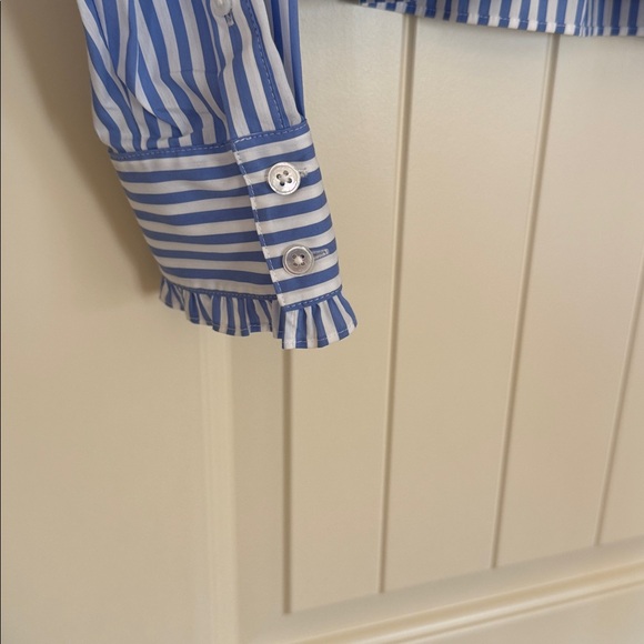 Veronica Beard designer blue and white striped cropped long sleeve blouse. - Picture 3 of 6